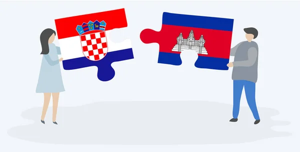Paar Mit Zwei Puzzleteilen Mit Kroatischen Und Kambodschanischen Flaggen Kroatische — Stockvektor