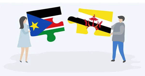 Coppia Contenente Due Pezzi Puzzle Con Bandiere Sud Sudanesi Brune — Vettoriale Stock