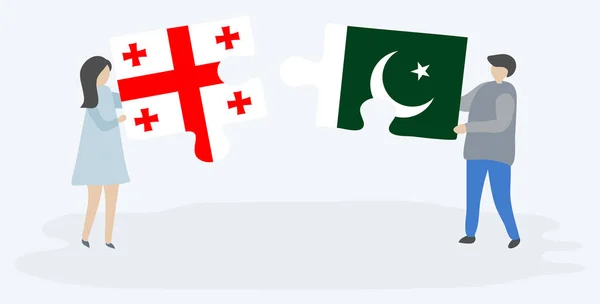 Casal Segurando Duas Peças Quebra Cabeças Com Bandeiras Georgianas Paquistanesas — Vetor de Stock