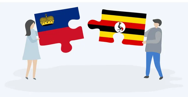 Para Trzyma Dwa Puzzle Kawałki Liechtensteinu Flagi Ugandy Liechtenstein Uganda — Wektor stockowy