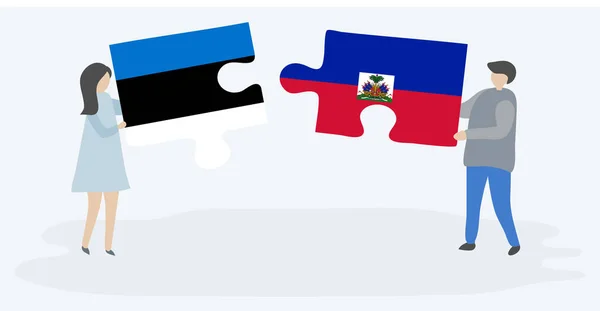 Paar Houden Twee Puzzels Stukken Met Ests Haïtiaanse Vlaggen Estland — Stockvector