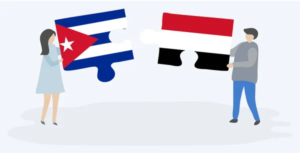 Couple Tenant Deux Pièces Puzzles Avec Des Drapeaux Cubains Yéménites — Image vectorielle