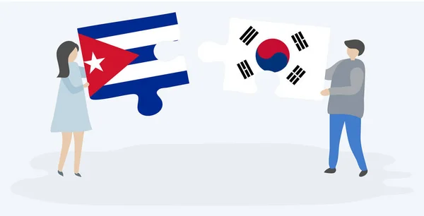 Couple Holding Two Puzzles Pieces Cuban South Korean Flags Cuba — Stock Vector