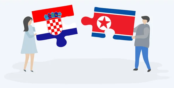Casal Segurando Duas Peças Quebra Cabeças Com Bandeiras Croatas Norte — Vetor de Stock