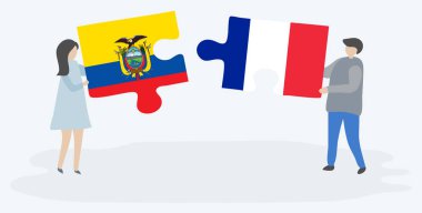 Ekvador ve Fransız bayrakları ile iki bulmaca parçaları tutan çift. Ekvador ve Fransa ulusal sembolleri birlikte.