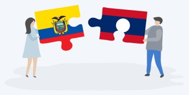 Ekvador ve Lao bayrakları ile iki bulmaca parçaları tutan çift. Ekvador ve Laos ulusal sembolleri birlikte.