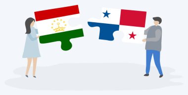 Tacikistani ve Panama bayrakları ile iki bulmaca parçaları tutan çift. Tacikistan ve Panama ulusal sembolleri birlikte.