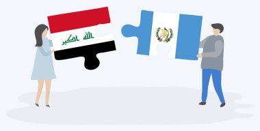 Irak ve Guatemala bayrakları ile iki bulmaca parçaları tutan çift. Irak ve Guatemala ulusal sembolleri birlikte.