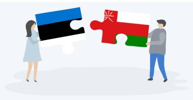 Estonya ve Umman bayrakları ile iki bulmaca parçaları tutan çift. Estonya ve Umman ulusal sembolleri birlikte.