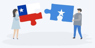 Şili ve Somali bayrakları ile iki bulmaca parçaları tutan çift. Şili ve Somali ulusal sembolleri birlikte.