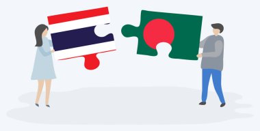 Çift Tay ve Bangladeş bayrakları ile iki bulmaca parçaları tutan. Tayland ve Bangladeş ulusal sembolleri birlikte.