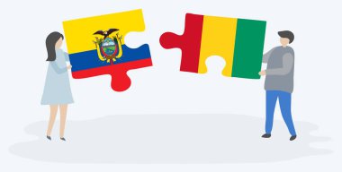 Ekvador ve Gine bayrakları ile iki bulmaca parçaları tutan çift. Ekvador ve Gine ulusal sembolleri birlikte.