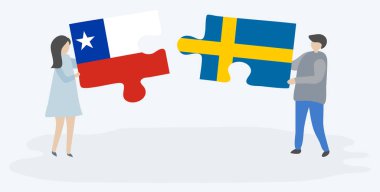 Şili ve İsveç bayrakları ile iki bulmaca parçaları tutan çift. Şili ve İsveç ulusal sembolleri birlikte.