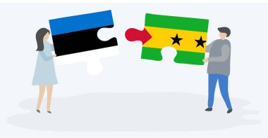 Estonya ve Sao Tomean bayrakları ile iki bulmaca parçaları tutan çift. Estonya ve Sao Tome ve Principe ulusal sembolleri birlikte.