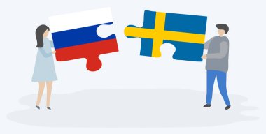 Rus ve İsveç bayrakları ile iki bulmaca parçaları tutan çift. Rusya ve İsveç ulusal sembolleri birlikte.