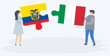 Ekvador ve İtalyan bayrakları ile iki bulmaca parçaları tutan çift. Ekvador ve İtalya ulusal sembolleri birlikte.