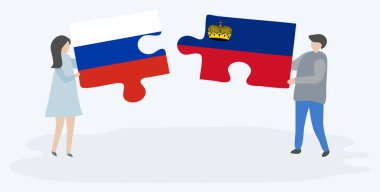 Rus ve Lihtenştayn bayrakları ile iki bulmaca parçaları tutan çift. Rusya ve Lihtenştayn ulusal sembolleri birlikte.