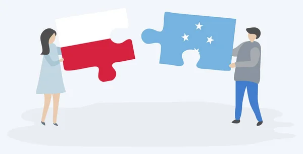Para Trzyma Dwa Puzzle Kawałki Polskich Mikronezyjskich Flag Symbole Narodowe — Wektor stockowy