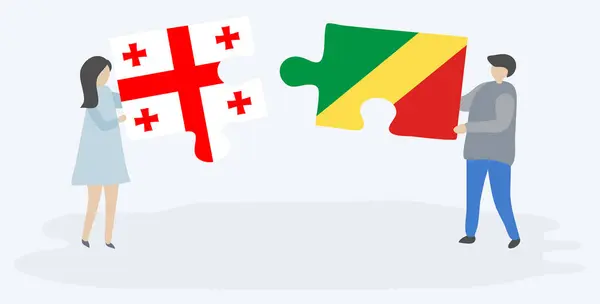 Pareja Sosteniendo Dos Piezas Rompecabezas Con Banderas Georgia Congo Georgia — Vector de stock