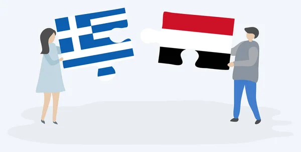 Couple Holding Two Puzzles Pieces Greek Yemeni Flags Greece Yemen — Stock Vector