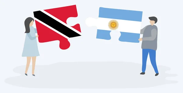 Par Som Innehar Två Pusselbitar Med Trinidadian Och Argentinska Flaggor — Stock vektor