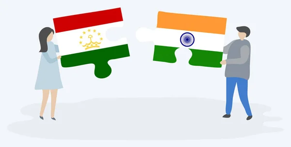 Couple Tenant Deux Pièces Puzzles Avec Des Drapeaux Tadjiks Indiens — Image vectorielle