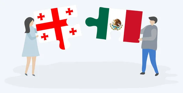 Pareja Sosteniendo Dos Piezas Rompecabezas Con Banderas Georgia México Georgia — Vector de stock