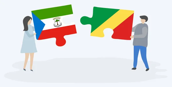 Paar Houden Twee Puzzels Stukken Met Equatoriaal Guinea Congolese Vlaggen — Stockvector
