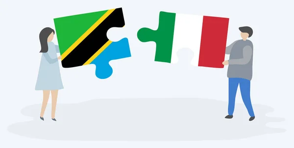 Tanzanya Talyan Bayrakları Ile Iki Bulmaca Parçaları Tutan Çift Tanzanya — Stok Vektör