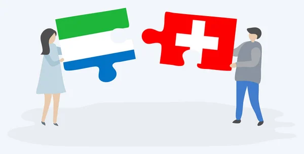 Пара Держащая Две Головоломки Сьерра Леоне Швейцарскими Флагами Сьерра Леоне — стоковый вектор