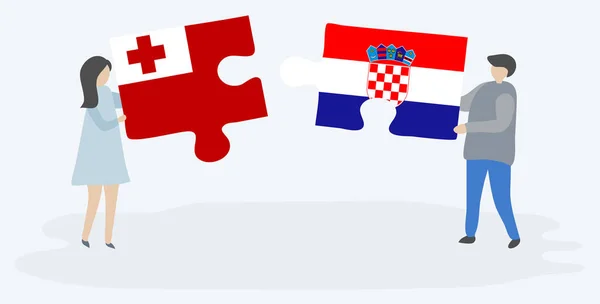 Ζευγάρι Που Κρατά Δύο Κομμάτια Παζλ Τονγκανικά Και Κροατικές Σημαίες — Διανυσματικό Αρχείο