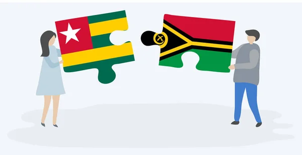 Couple Tenant Deux Pièces Puzzles Avec Des Drapeaux Togolais Vanuatuans — Image vectorielle