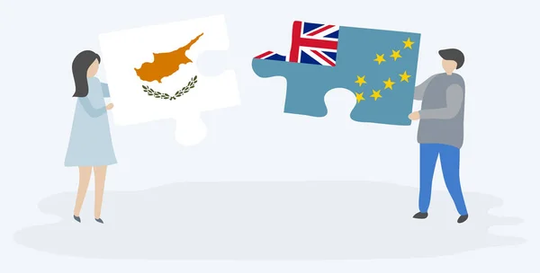 Para Trzyma Dwa Kawałki Puzzli Cypryjskich Tuvalu Flagi Cypr Tuvalu — Wektor stockowy