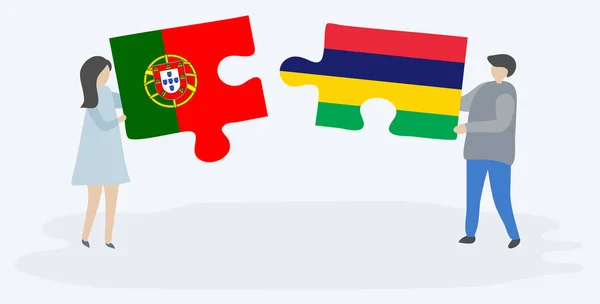 Casal Segurando Duas Peças Quebra Cabeças Com Bandeiras Portuguesas Maurícias — Vetor de Stock