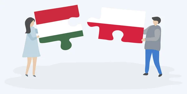 Casal Segurando Duas Peças Quebra Cabeças Com Bandeiras Húngaras Polonesas —  Vetores de Stock