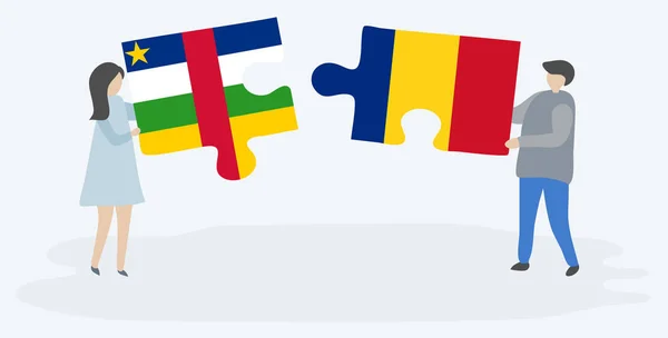 中央アフリカとルーマニアの旗と2つのパズルのピースを保持しているカップル 中央アフリカ共和国とルーマニアの国のシンボルを一緒に — ストックベクタ