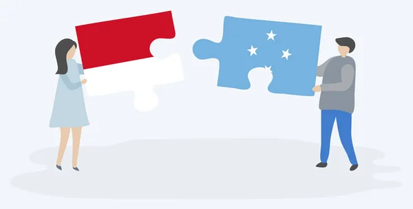 Couple Tenant Deux Pièces Puzzles Avec Des Drapeaux Indonésiens Micronésiens — Image vectorielle