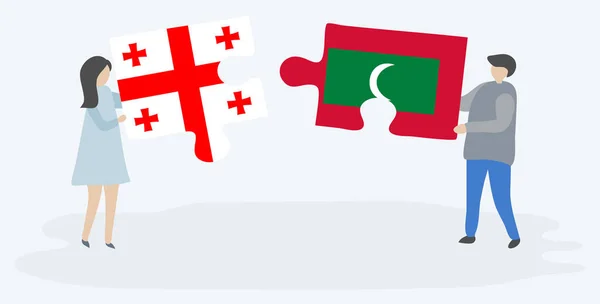 Casal Segurando Duas Peças Quebra Cabeças Com Bandeiras Georgianas Maldivas — Vetor de Stock