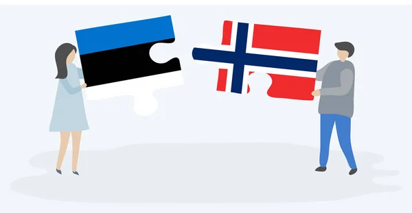 Ζευγάρι Που Κρατά Δύο Κομμάτια Παζλ Εσθονική Και Νορβηγική Σημαίες — Διανυσματικό Αρχείο