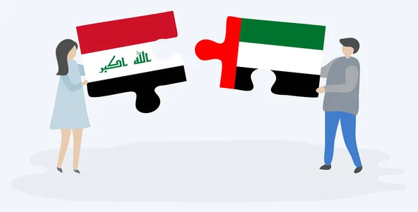 Pareja Sosteniendo Dos Piezas Rompecabezas Con Banderas Iraquíes Emírias Iraq — Vector de stock