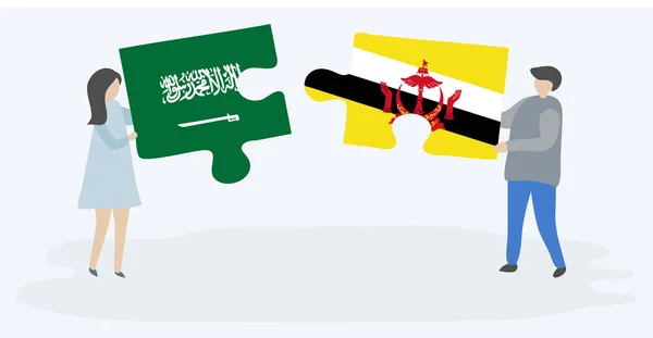 Pareja Sosteniendo Dos Piezas Rompecabezas Con Banderas Arabia Saudita Brunéi — Archivo Imágenes Vectoriales