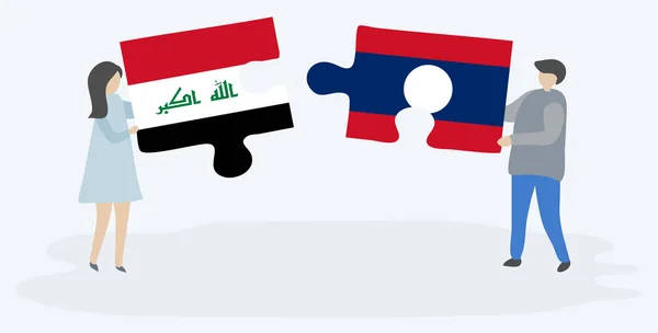 Pareja Sosteniendo Dos Piezas Rompecabezas Con Banderas Iraquíes Laosianas Iraq — Vector de stock