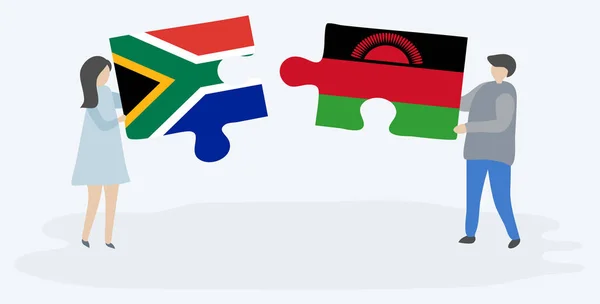 Pareja Sosteniendo Dos Piezas Rompecabezas Con Banderas Sudáfrica Malawi Sudáfrica — Vector de stock