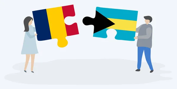 Par Som Innehar Två Pusselbitar Med Chadian Och Bahamian Flaggor — Stock vektor