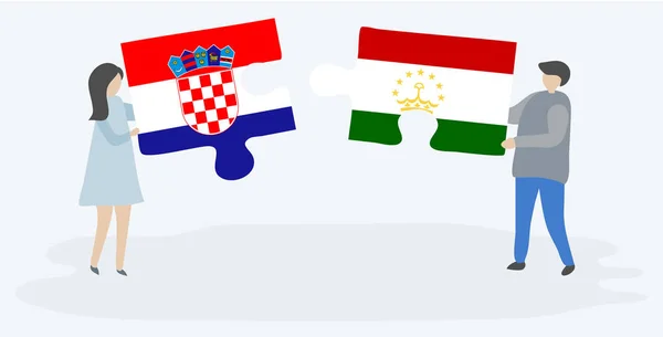 Casal Segurando Duas Peças Quebra Cabeças Com Bandeiras Croatas Tajiquistanesas —  Vetores de Stock