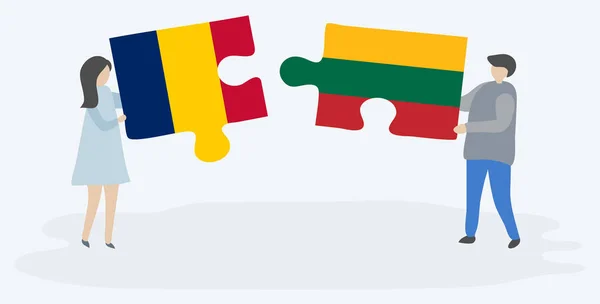 Paar Houden Twee Puzzels Stukken Met Tsjadische Litouwse Vlaggen Tsjaad — Stockvector