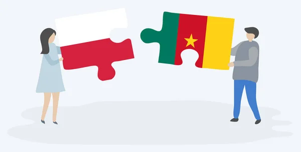 Dvojice Drží Dvě Skládanky Polskými Kameroónskými Vlajkami Národní Symboly Polska — Stockový vektor