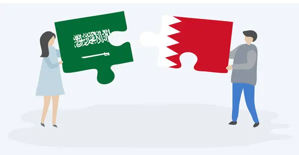 Couple Holding Two Puzzles Pieces Saudi Arabian Bahraini Flags Saudi — Stock Vector