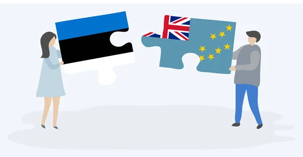 Para Trzyma Dwa Puzzle Kawałki Estońskim Tuvalu Flagi Estonia Tuvalu — Wektor stockowy