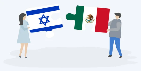Para Trzymania Dwóch Puzzli Izraelskich Meksykańskich Flag Izrael Meksyk Symbole — Wektor stockowy